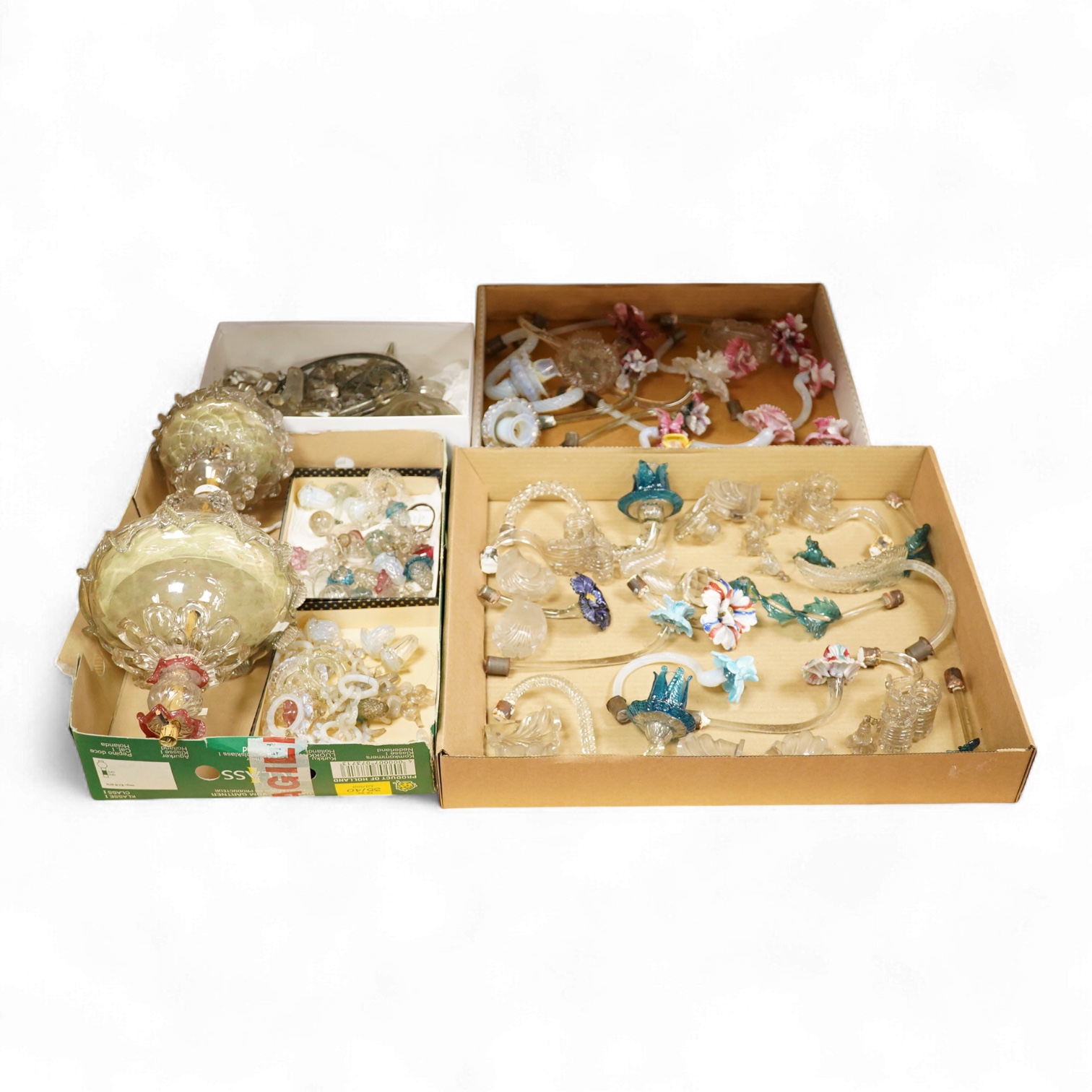 Various component parts of coloured Venetian floral chandeliers, glass central column 43cm high